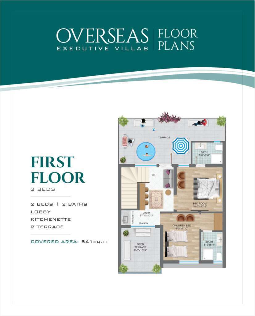 Q Links overseas executive villas bahria orchard lahore 1st floor plan with three bed